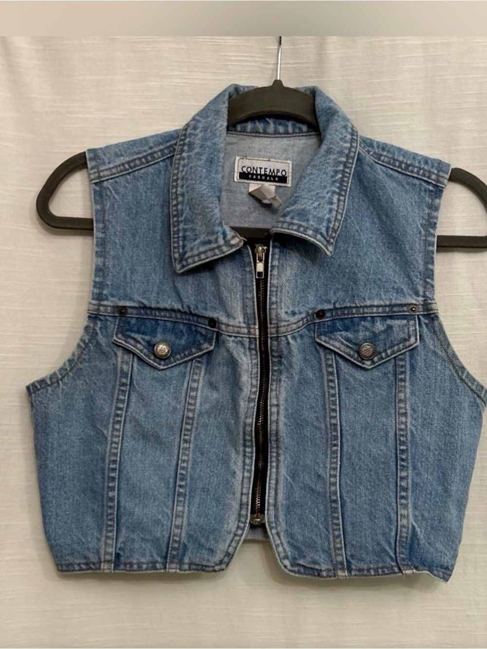 Contempo Denim Zip-Front Cropped Vest in Light Blue